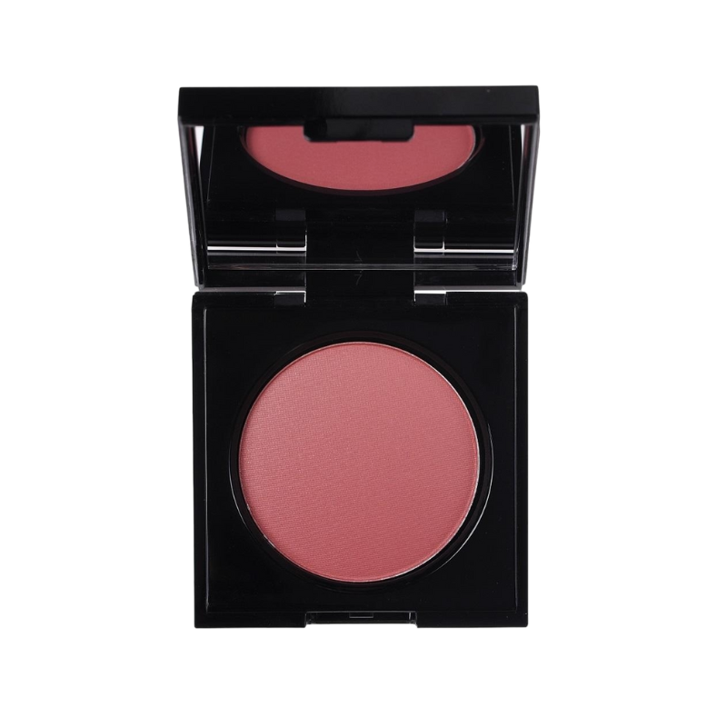 KORRES Wild Rose Rouge in der Farbe Dusty Rose, geöffnetes schwarzes Kompaktgehäuse mit Spiegel.