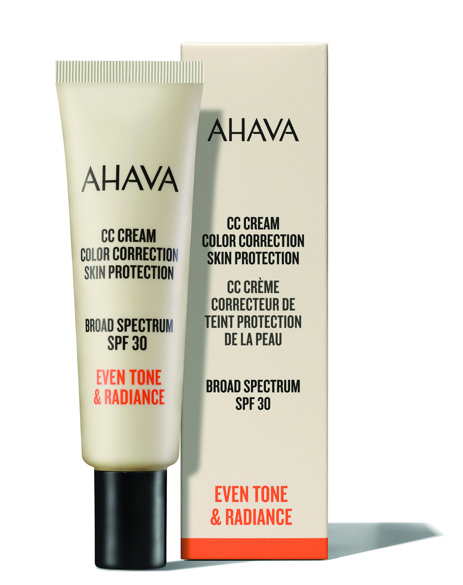 AHAVA CC Cream mit SPF 30, Verpackung und Tube, für gleichmäßigen Hautton und Strahlkraft.