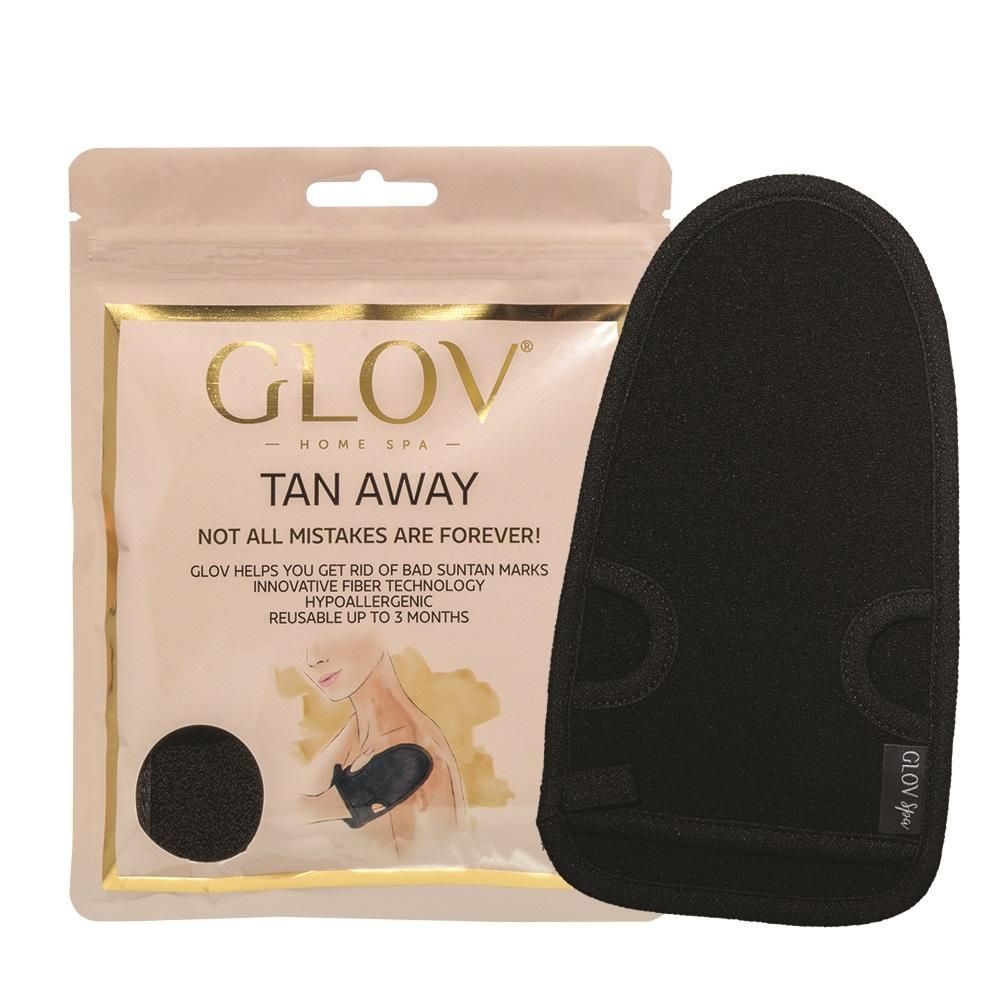 GLOV Tan Away Peelinghandschuh in schwarzer Farbe vor der Verpackung.