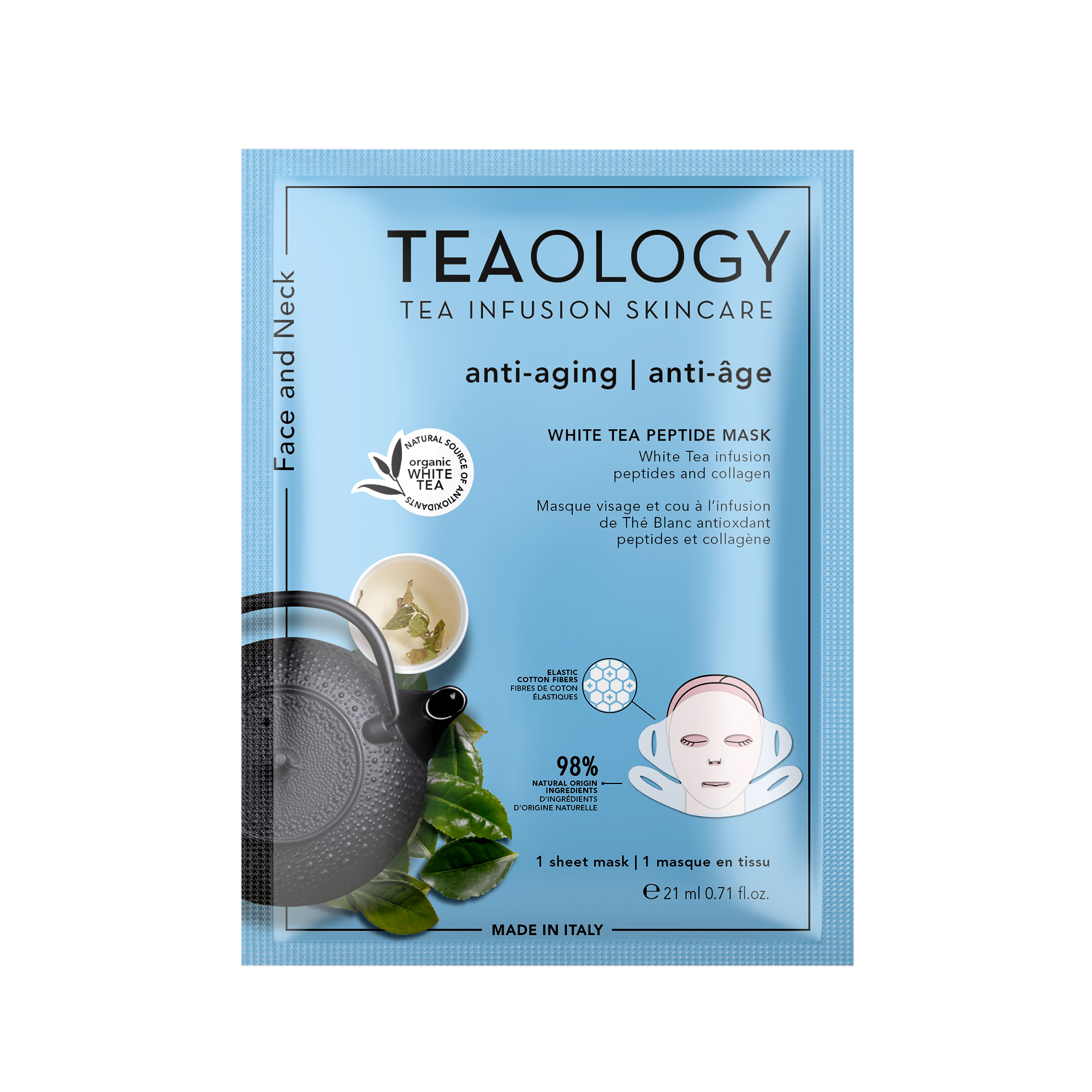 Verpackung der Teaology White Tea Peptide Mask, Anti-Aging-Gesichtsmaske mit weißem Tee und Kollagen, 21 ml.
