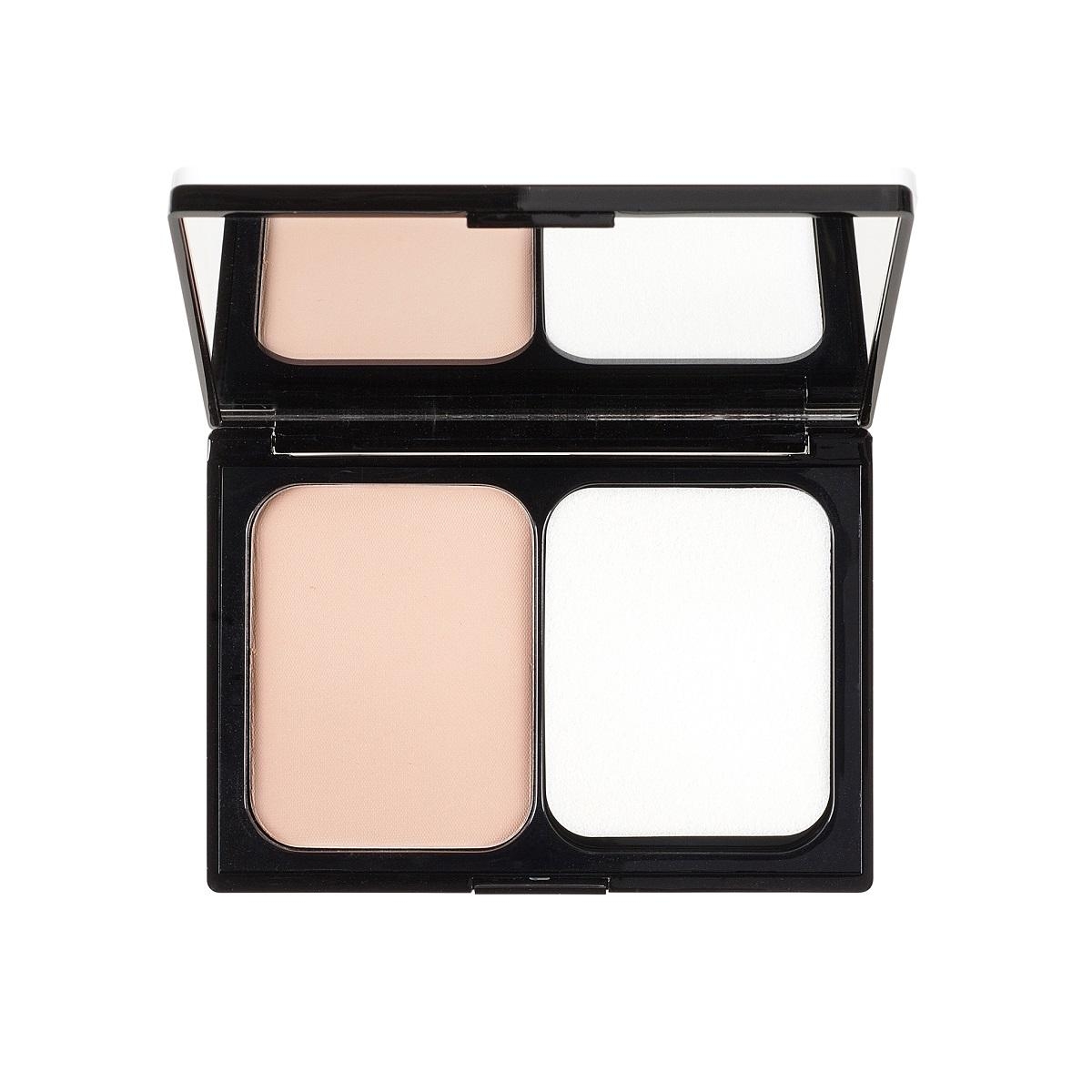 Schwarzes Make-up-Compact mit Spiegel, zwei Fächern: eines mit beigem Puder, das andere mit weißem Schwamm.