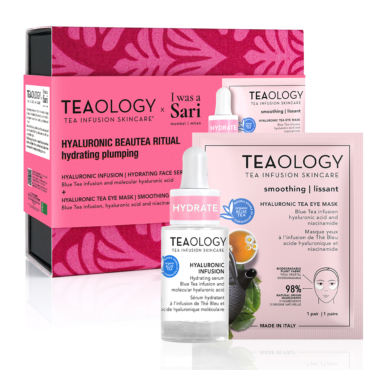 TEAOLOGY Hyaluronic Beauty Ritual Set: Hyaluronic Infusion, Blue Tea Face Mask, und Smoothing Tea Mask. Hydratisierend und glättend.