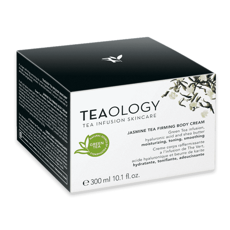 Schwarze Schachtel mit weißem Etikett der Jasmine Tea Firming Body Cream von Teaology, 300 ml.
