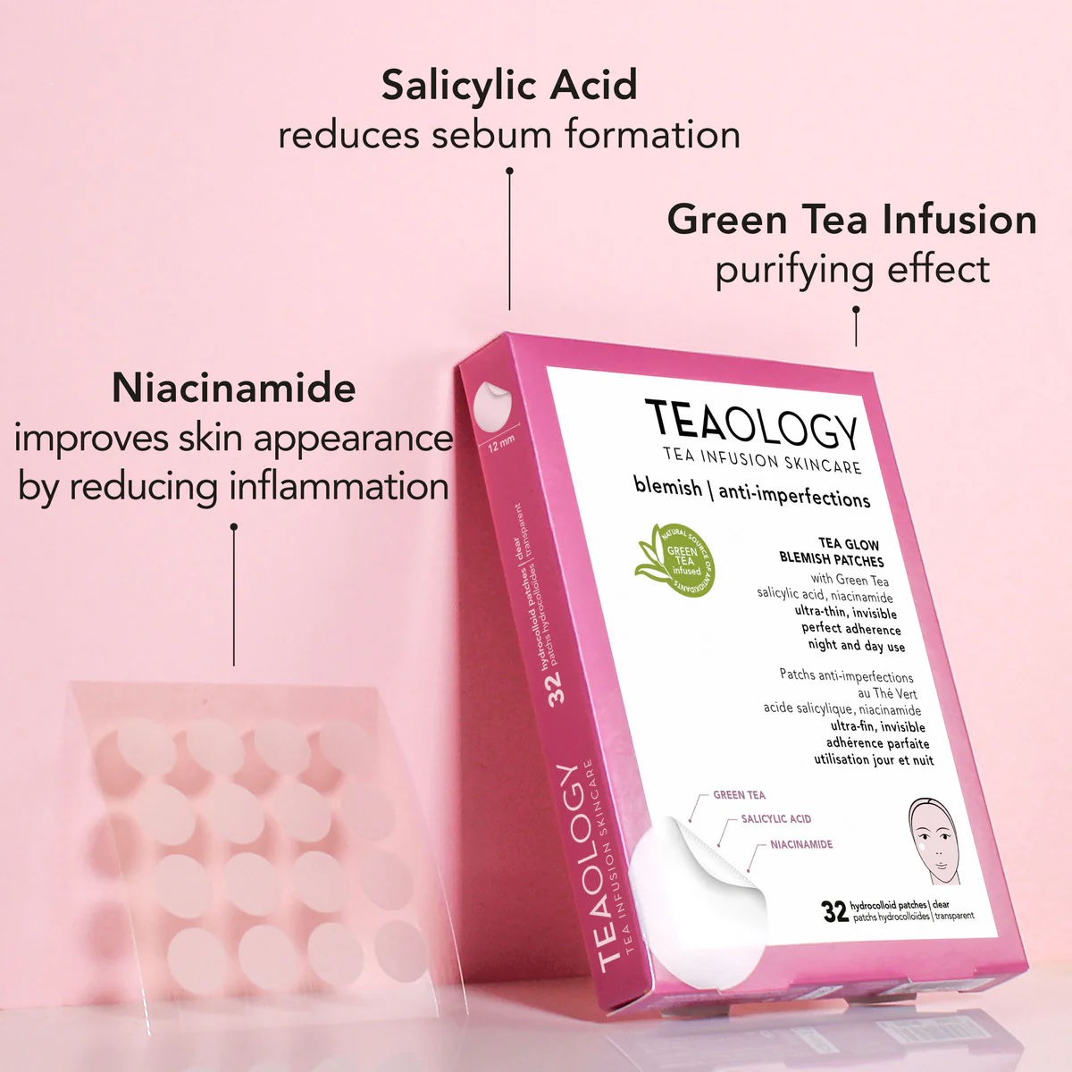 TEAOLOGY Blemish Patches mit Salicylsäure, Grüntee-Infusion und Niacinamid zur Reduzierung von Hautunreinheiten und Entzündungen.
