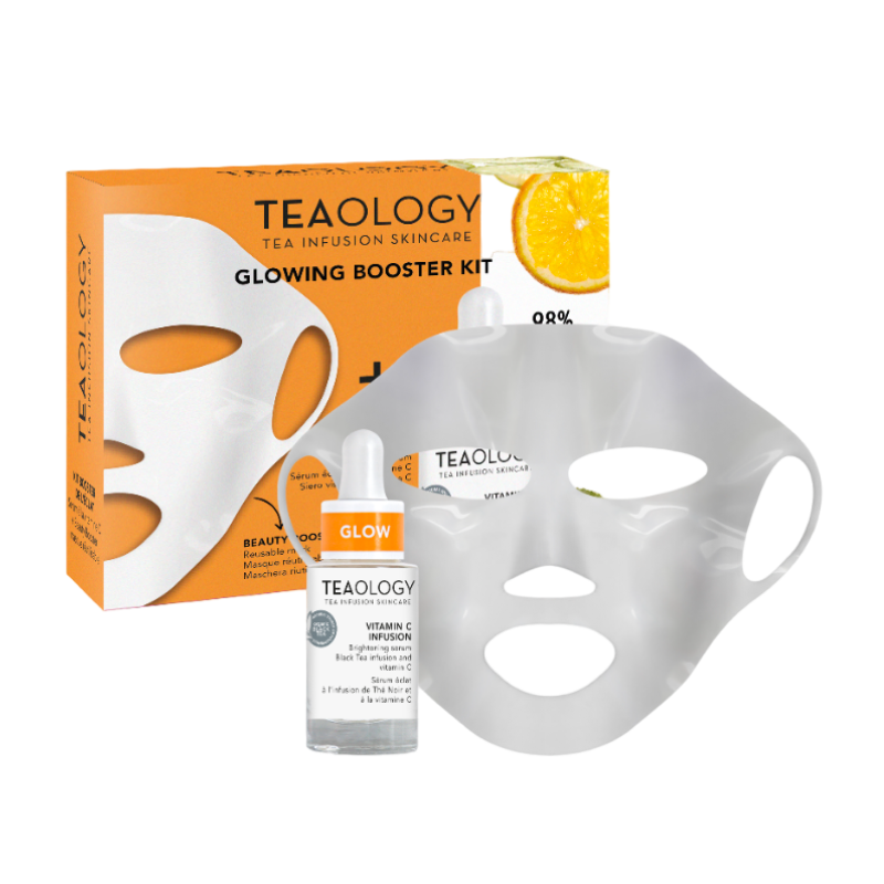 TEAOLOGY Glowing Booster Kit: Vitamin C Serum und Gesichtsmaske für strahlende Haut. Verpackung und Produkte im Bild.