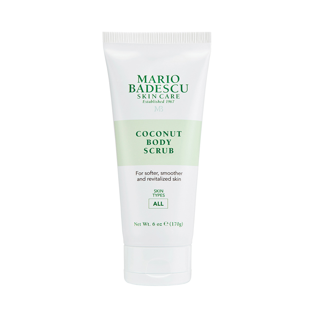 Tube mit Mario Badescu Coconut Body Scrub, 170g, auf weißem Hintergrund.