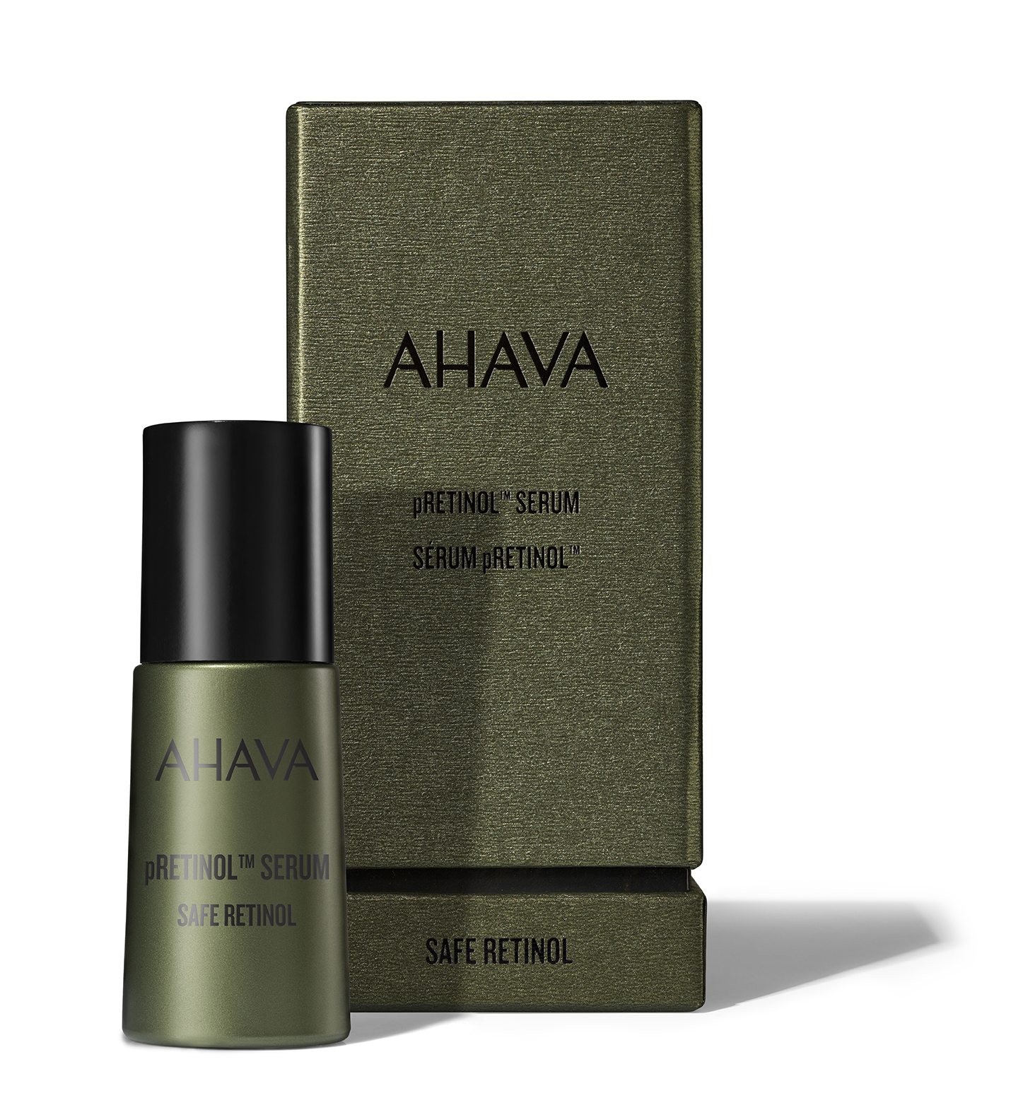 AHAVA pRetinol Serum vor Verpackung, grünes Design, Produktbild.