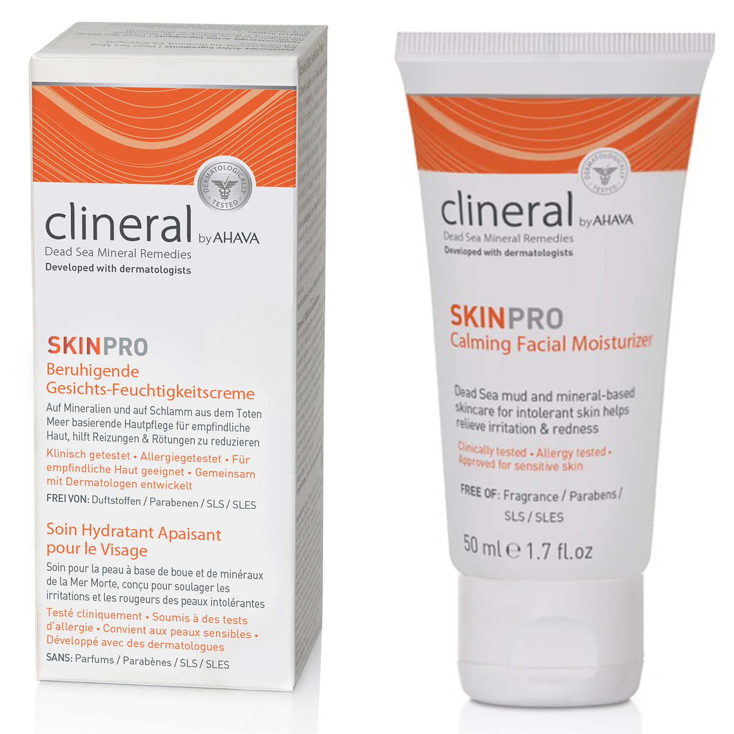 Clineral SKINPRO Beruhigende Gesichts-Feuchtigkeitscreme, 50 ml Tube und Verpackung, entwickelt mit Dermatologen.