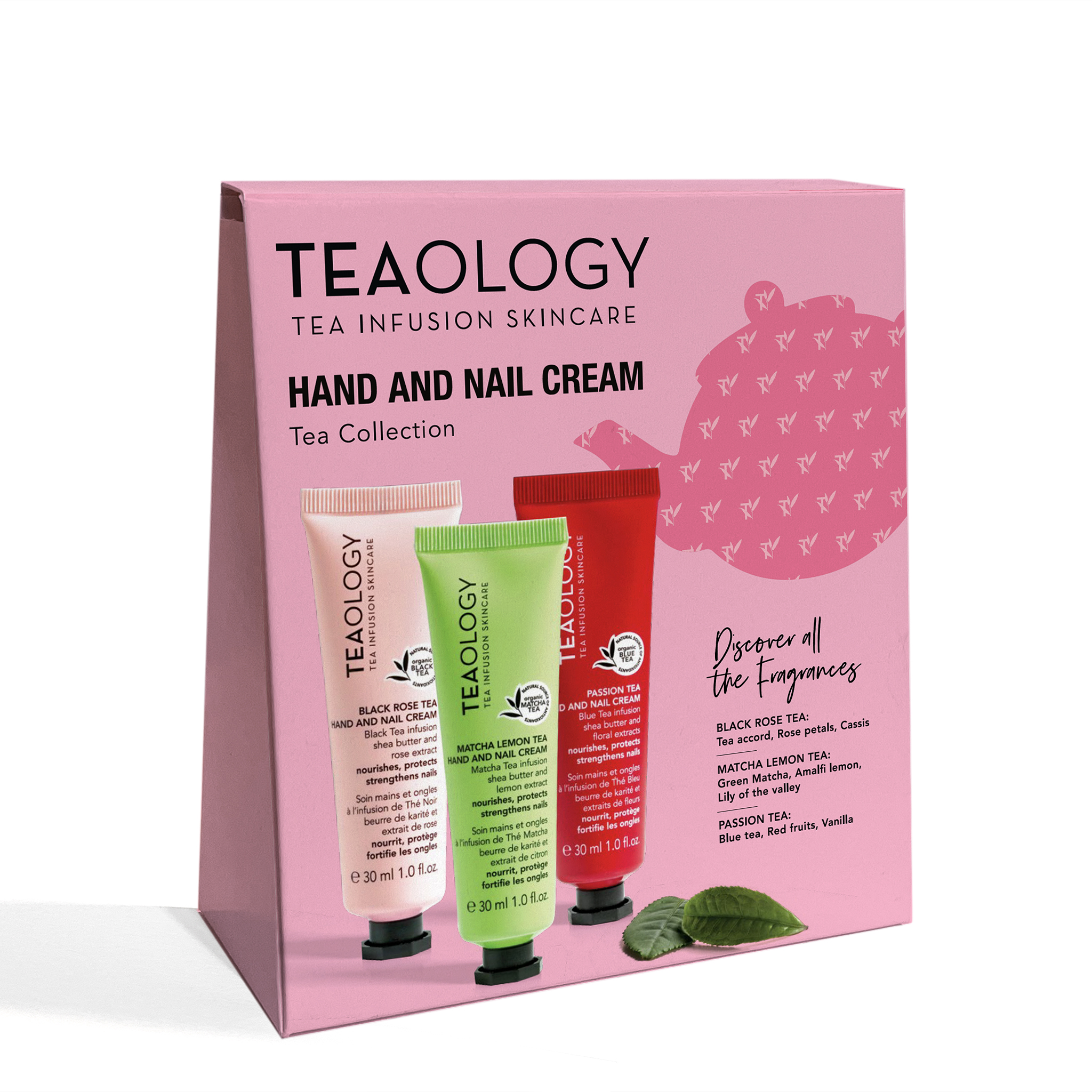 Drei Hand- und Nagelcremes von Teaology in einer rosa Verpackung mit Teeblättern und Duftbeschreibungen.