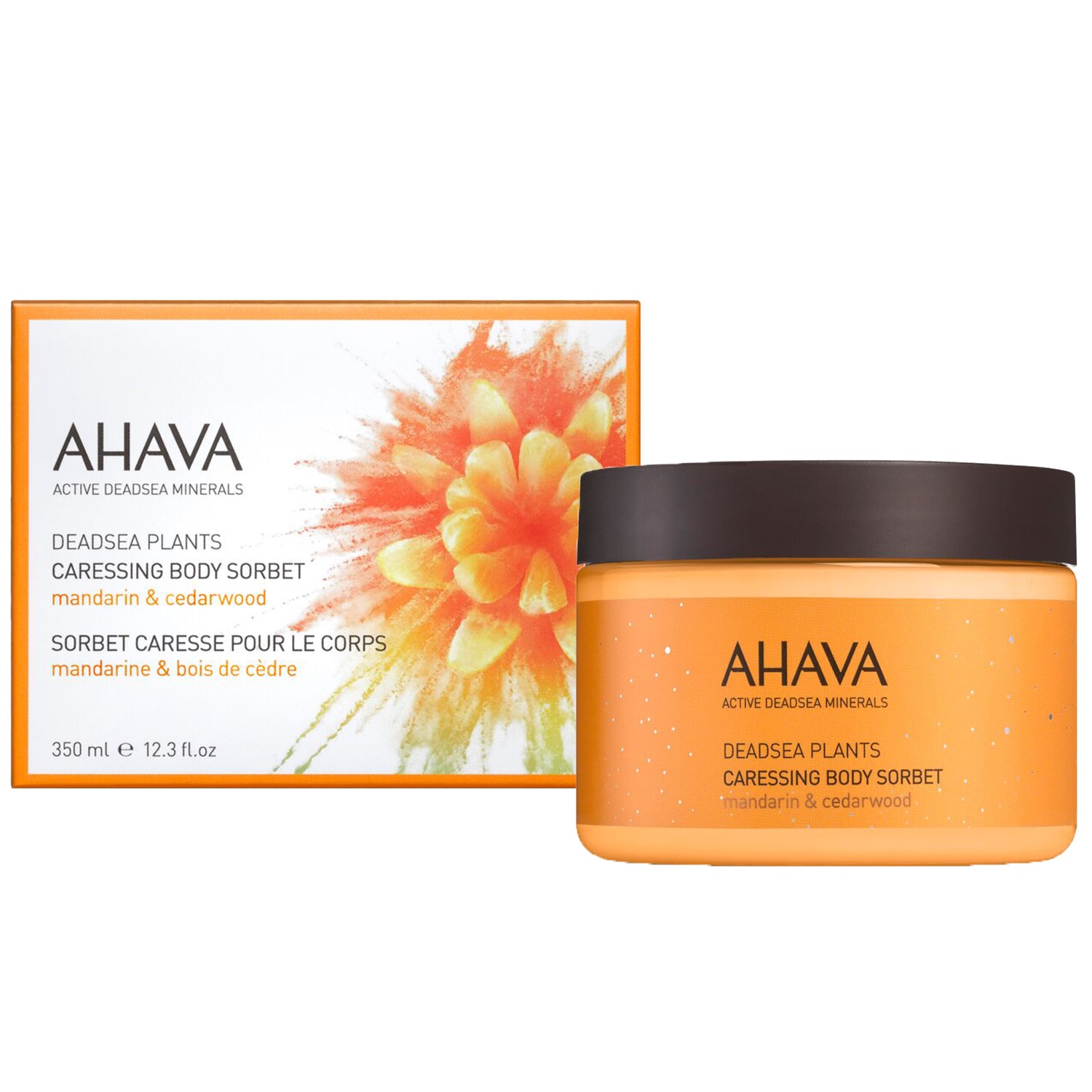 AHAVA Dead Sea Plants Caressing Body Sorbet, 350 ml, mit Mandarine und Zedernholz, Produktbild mit Verpackung und Dose.
