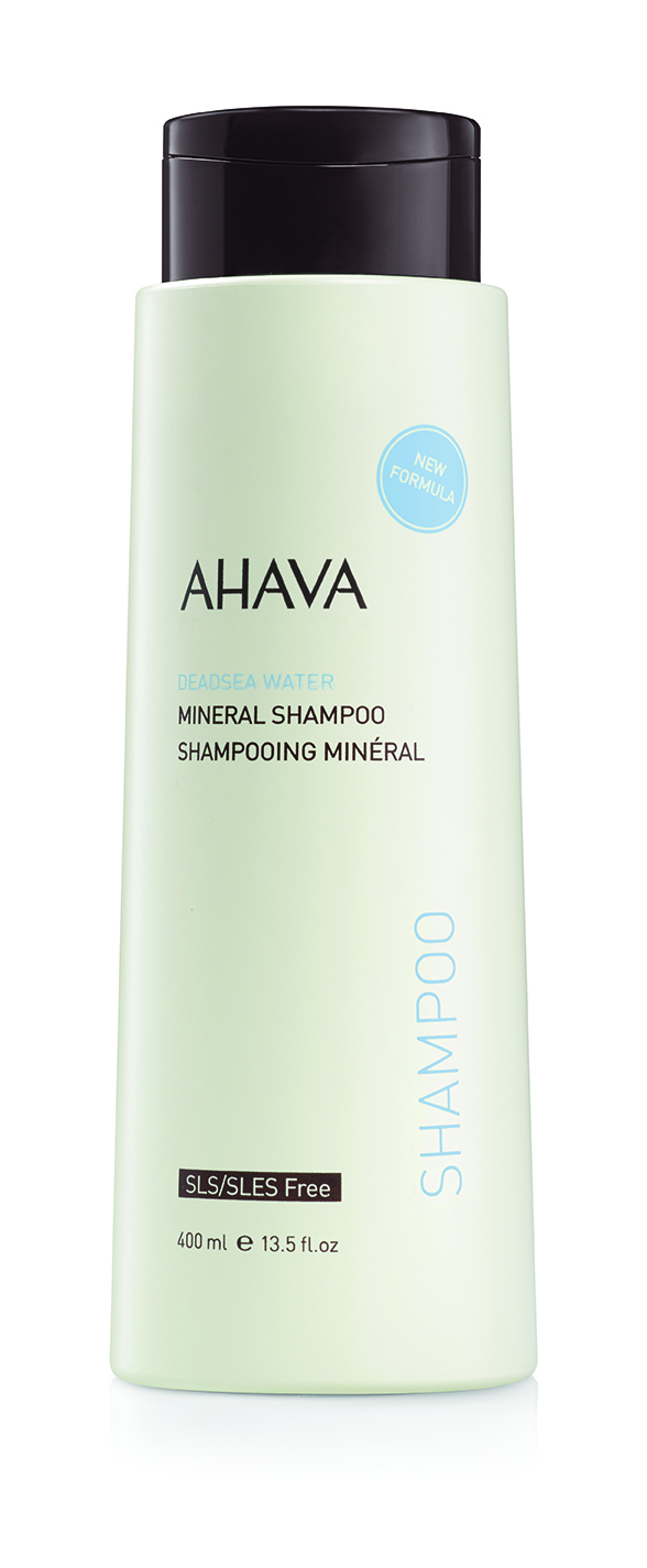 Flasche Ahava Mineral Shampoo, 400 ml, SLS/SLES-frei, neue Formel, hellgrüne Verpackung.