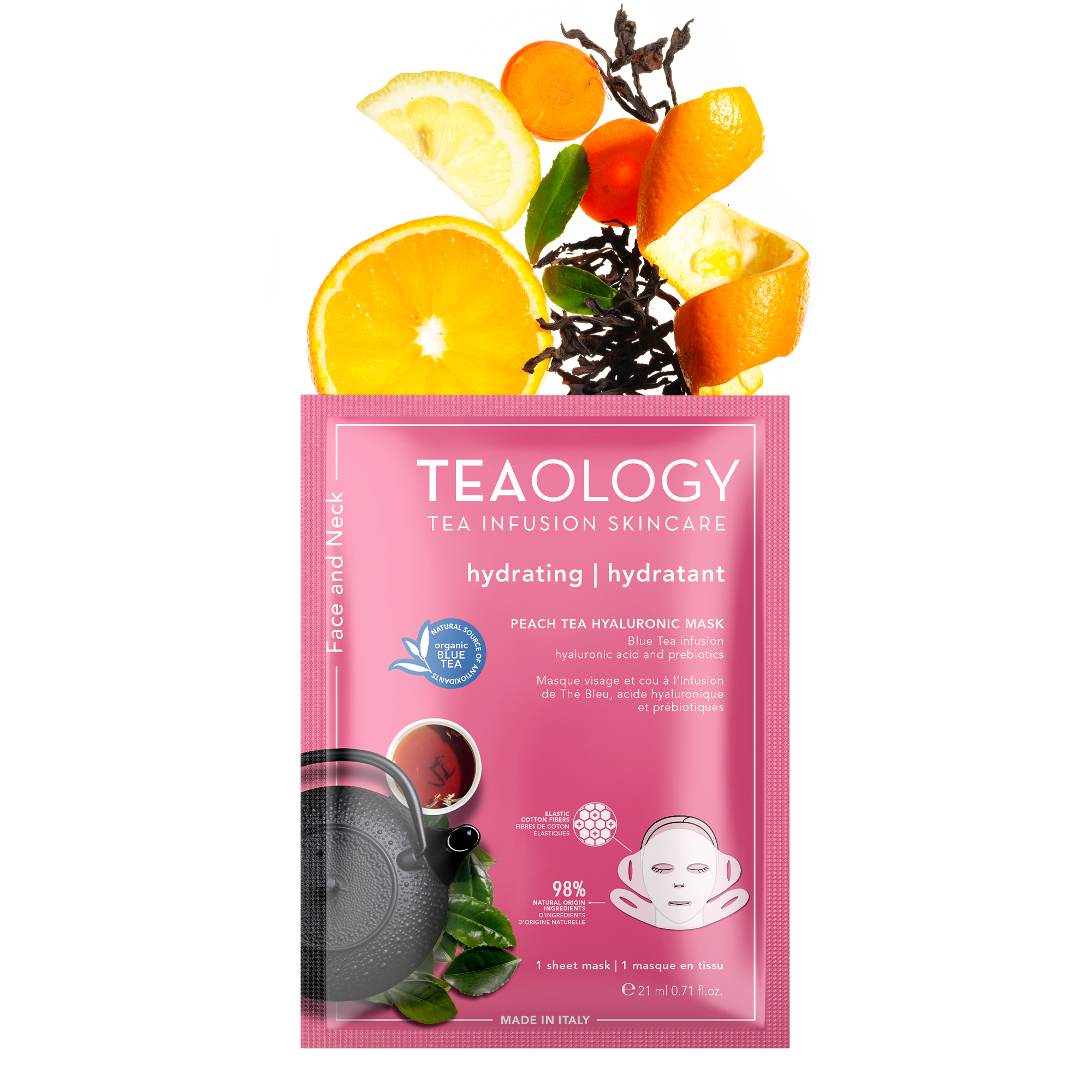 TEAOLOGY Peach Tea Hyaluronic Mask, feuchtigkeitsspendend, 1 Tuchmaske, 22 ml, mit Orangen- und Teeblättern im Hintergrund.