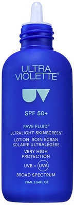 Blaues Ultra Violette Fave Fluid SPF 50+ Fläschchen, 75 ml, ultraleichte, duftfreie Sonnenschutzlotion.