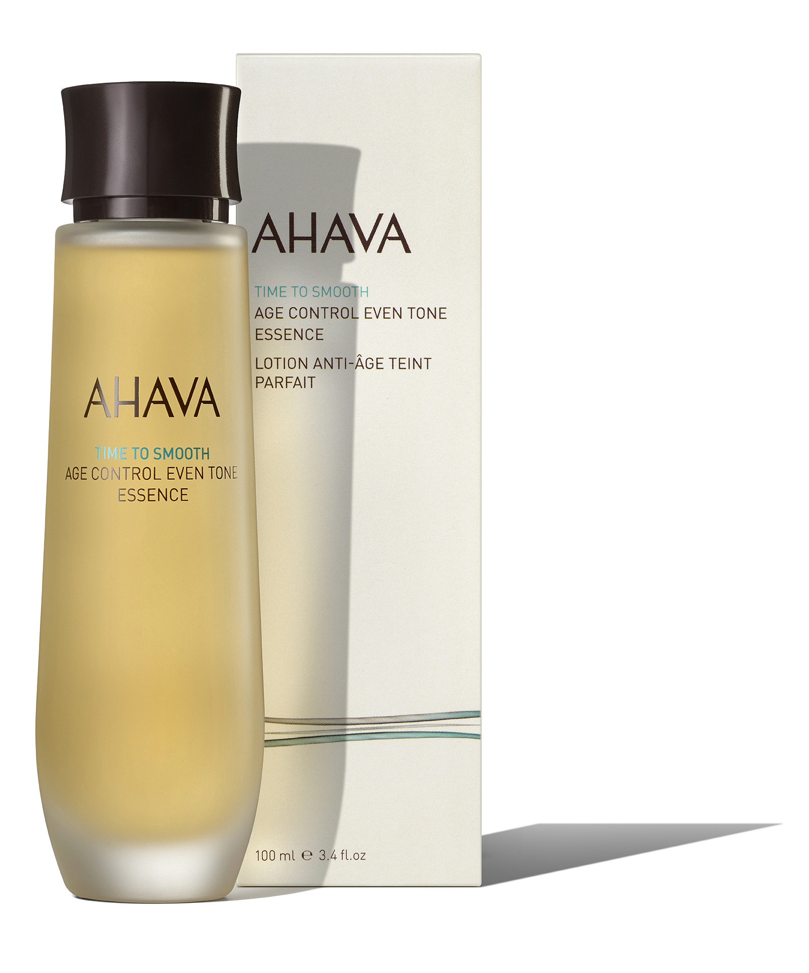 AHAVA Time to Smooth Age Control Even Tone Essence Flasche und Verpackung, 100 ml.