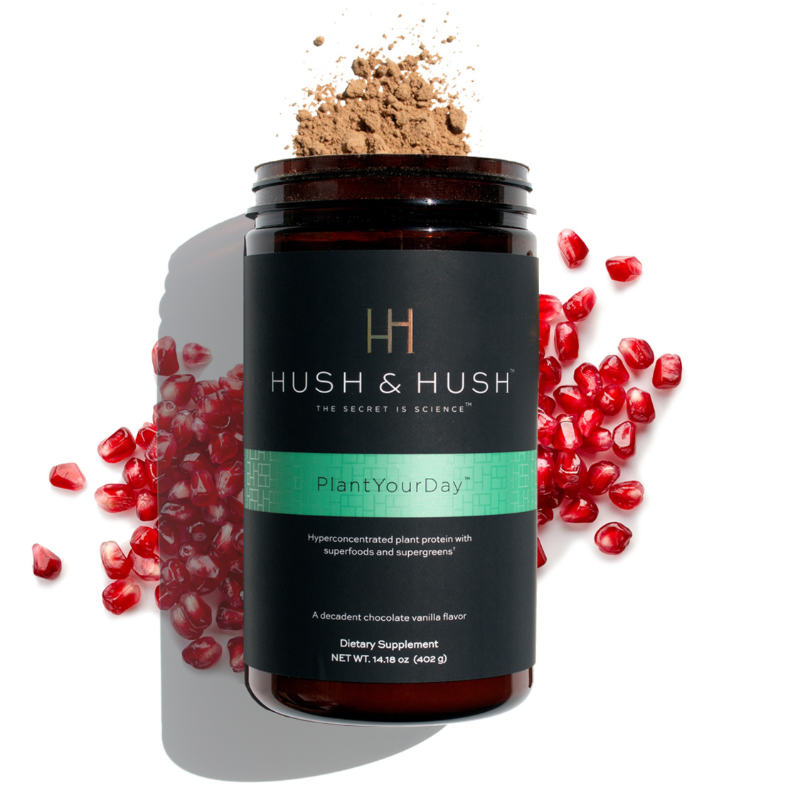 Hush & Hush PlantYourDay Nahrungsergänzungsmittel mit Granatapfelkernen und Schokoladen-Vanille-Geschmack.