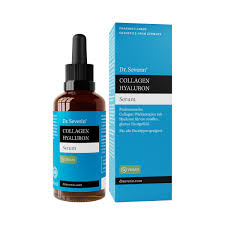 Dr. Severin Collagen Hyaluron Serum in brauner Flasche mit Pipette und blauer Verpackung.