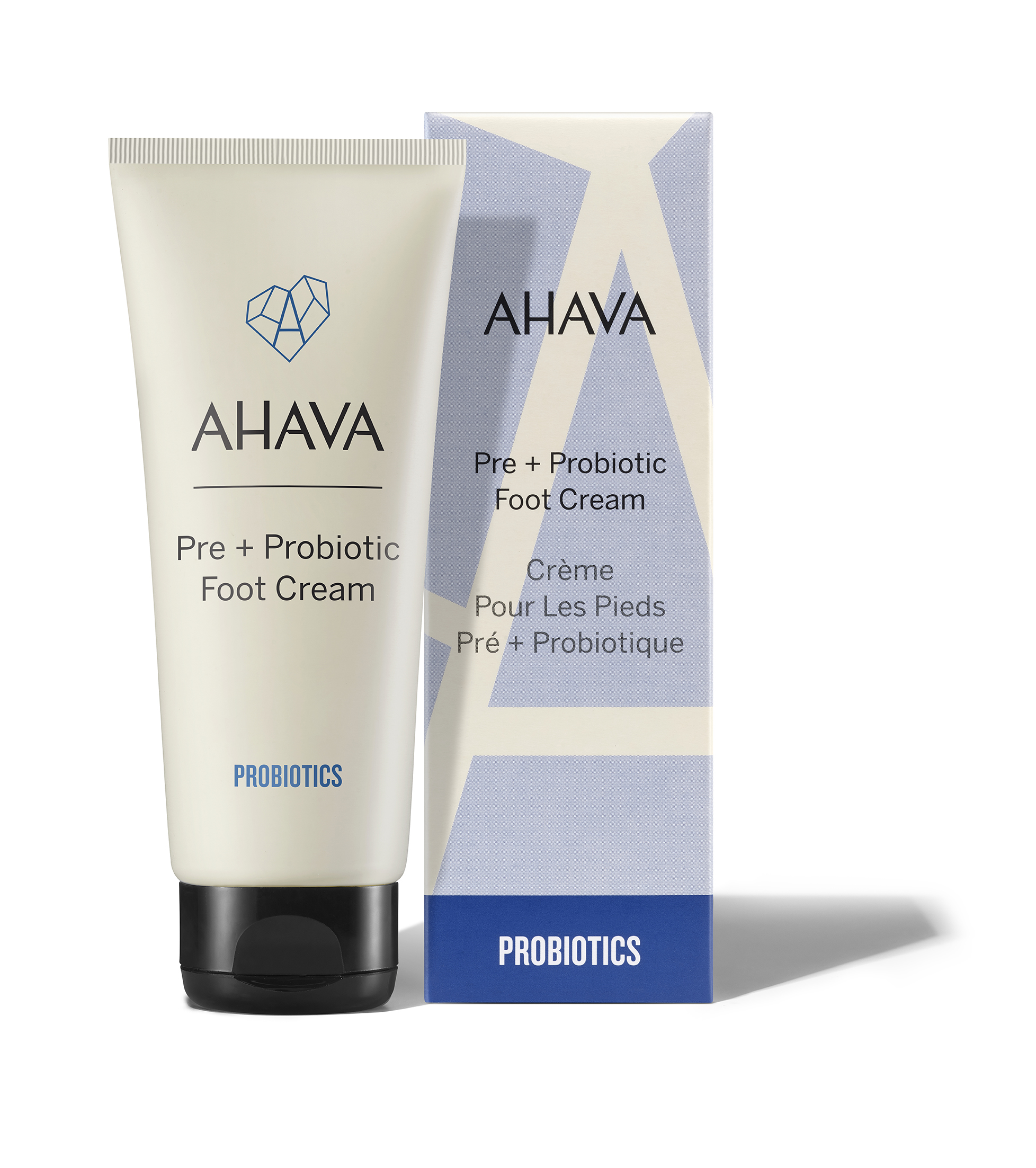 AHAVA Pre + Probiotic Fußcreme, Tube und Verpackung, 100 ml, auf weißem Hintergrund.