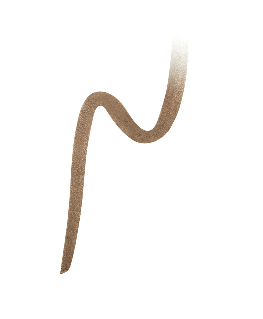 Ein geschwungener Strich eines taupefarbenen Augenstifts auf weißem Hintergrund.