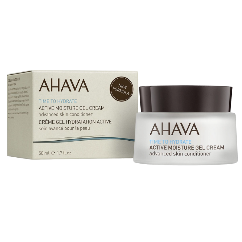AHAVA Active Moisture Gel Cream, 50 ml, fortschrittliche Hautpflege, Produktbild mit Verpackung.