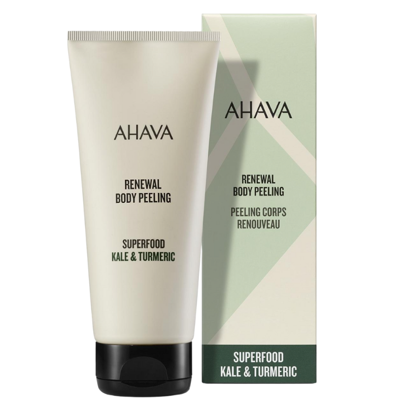 AHAVA Superfood Kale & Turmeric Renewal Body Peeling, Tube und Verpackung, auf weißem Hintergrund.