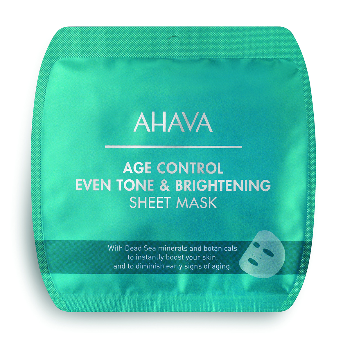 AHAVA Age Control Even Tone & Brightening Sheet Mask in grüner Verpackung mit Text über Inhaltsstoffe und Anwendung.
