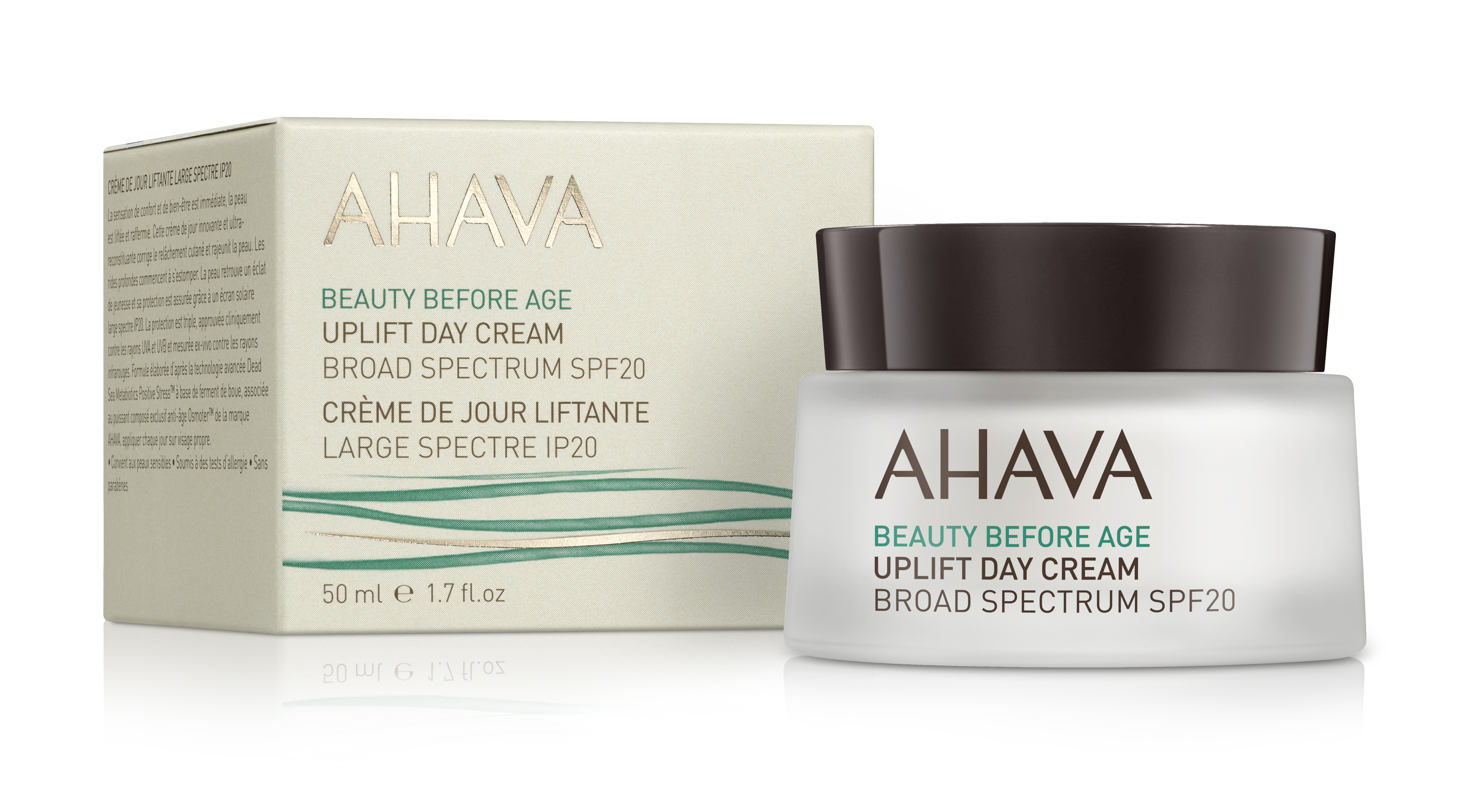 AHAVA Uplift Day Cream SPF 20, 50 ml, in weißem Tiegel mit braunem Deckel, neben der Produktverpackung.