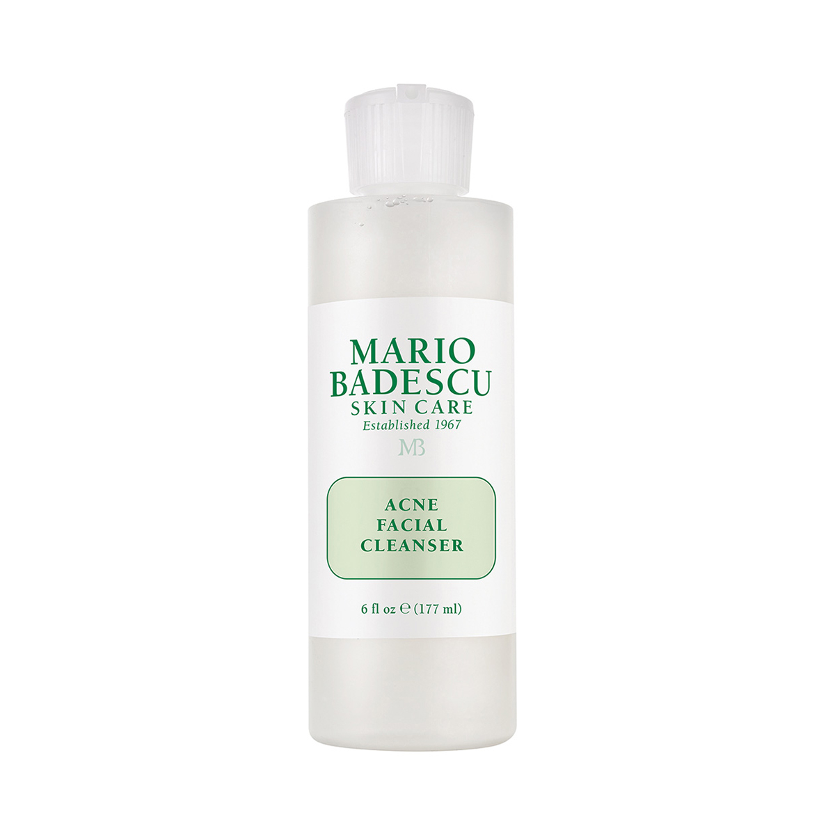 Flasche Mario Badescu Acne Facial Cleanser, 177 ml, auf weißem Hintergrund.