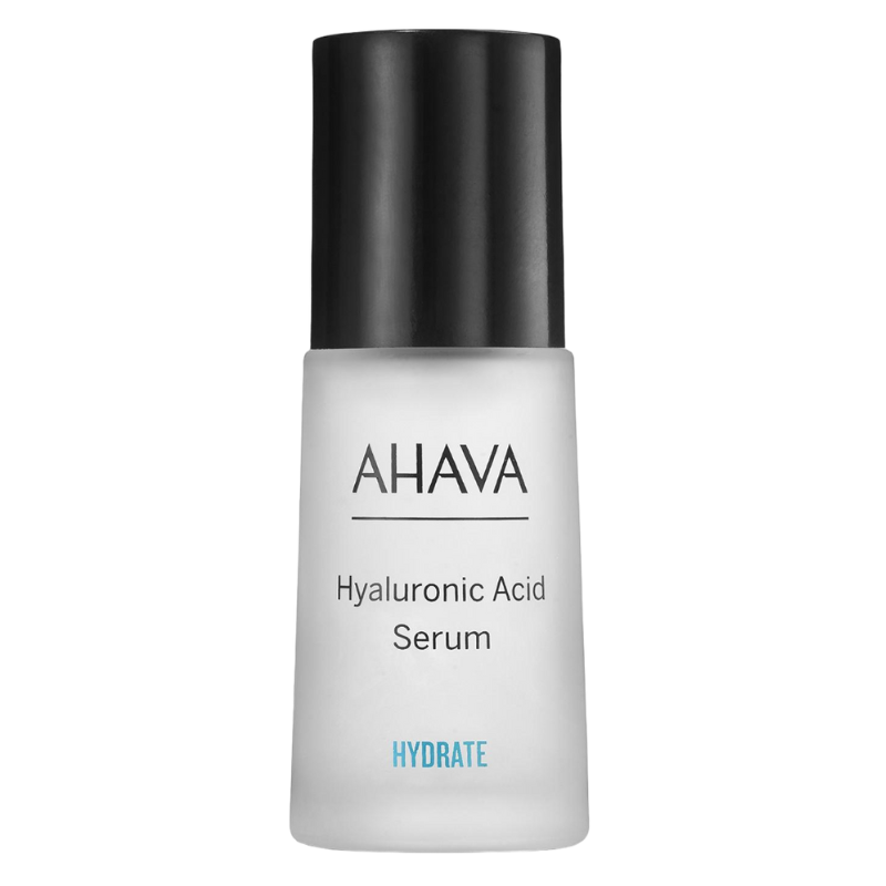 AHAVA Hyaluronic Acid Serum in weißer Flasche mit schwarzem Deckel, Text 'HYDRATE' unten.