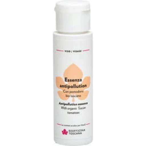 Flasche mit Essenza Antipollution, Bio Toscana, Gesichtspflege, weiße Verpackung mit beigem und rotem Text.