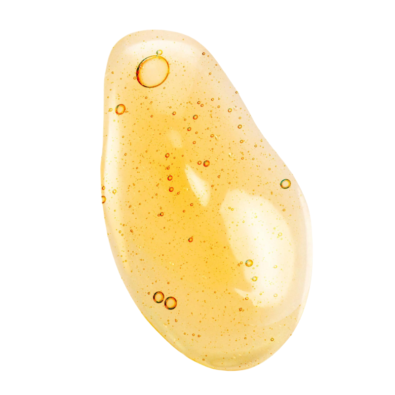 Gelartige Textur des TEAOLOGY Peptide Infusion Color Serums mit kleinen Bläschen, transparent und goldfarben.