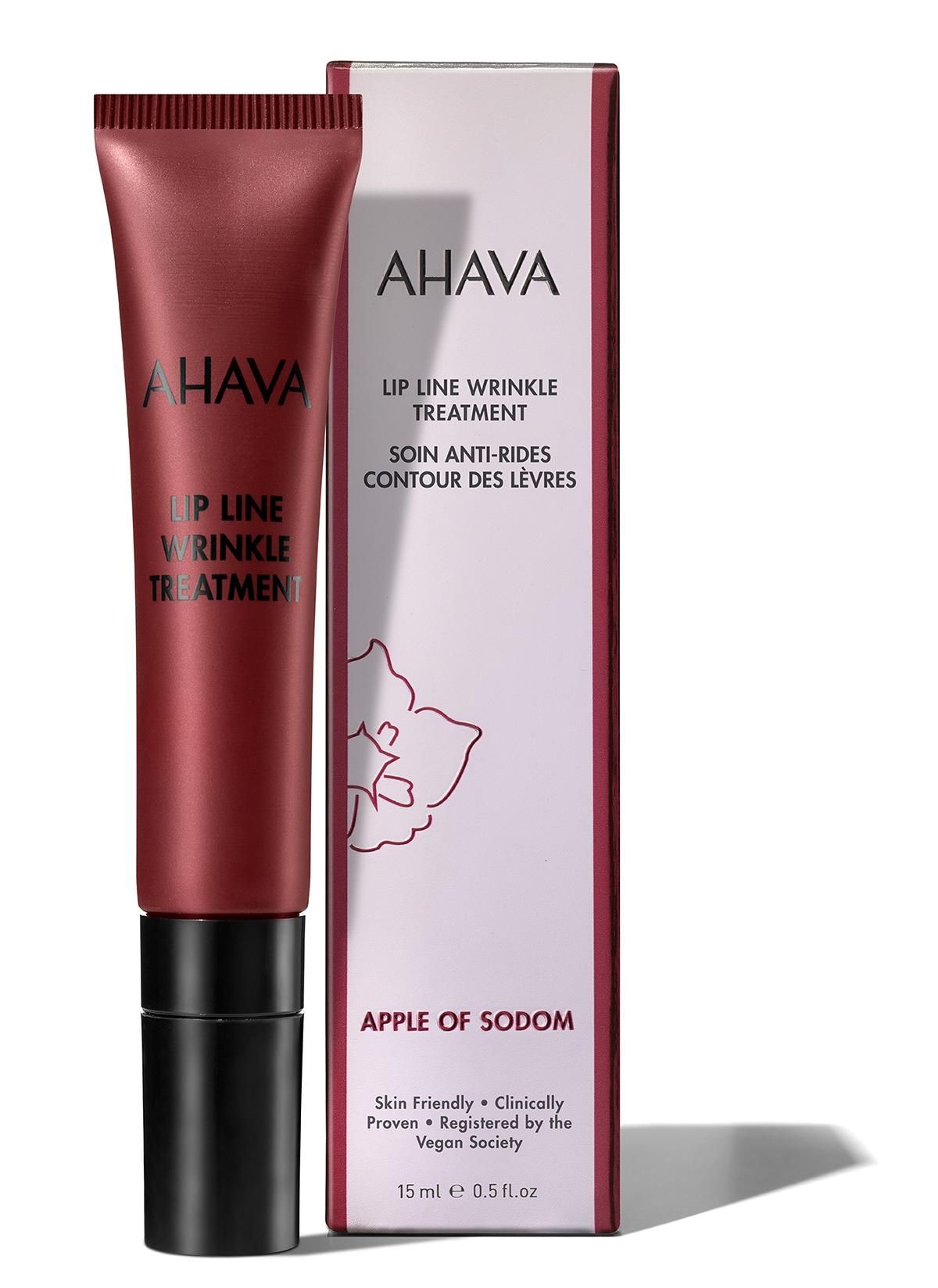 AHAVA Lip Line Wrinkle Treatment, 15 ml Tube, Verpackung daneben, Produkt zur Faltenbehandlung der Lippen.