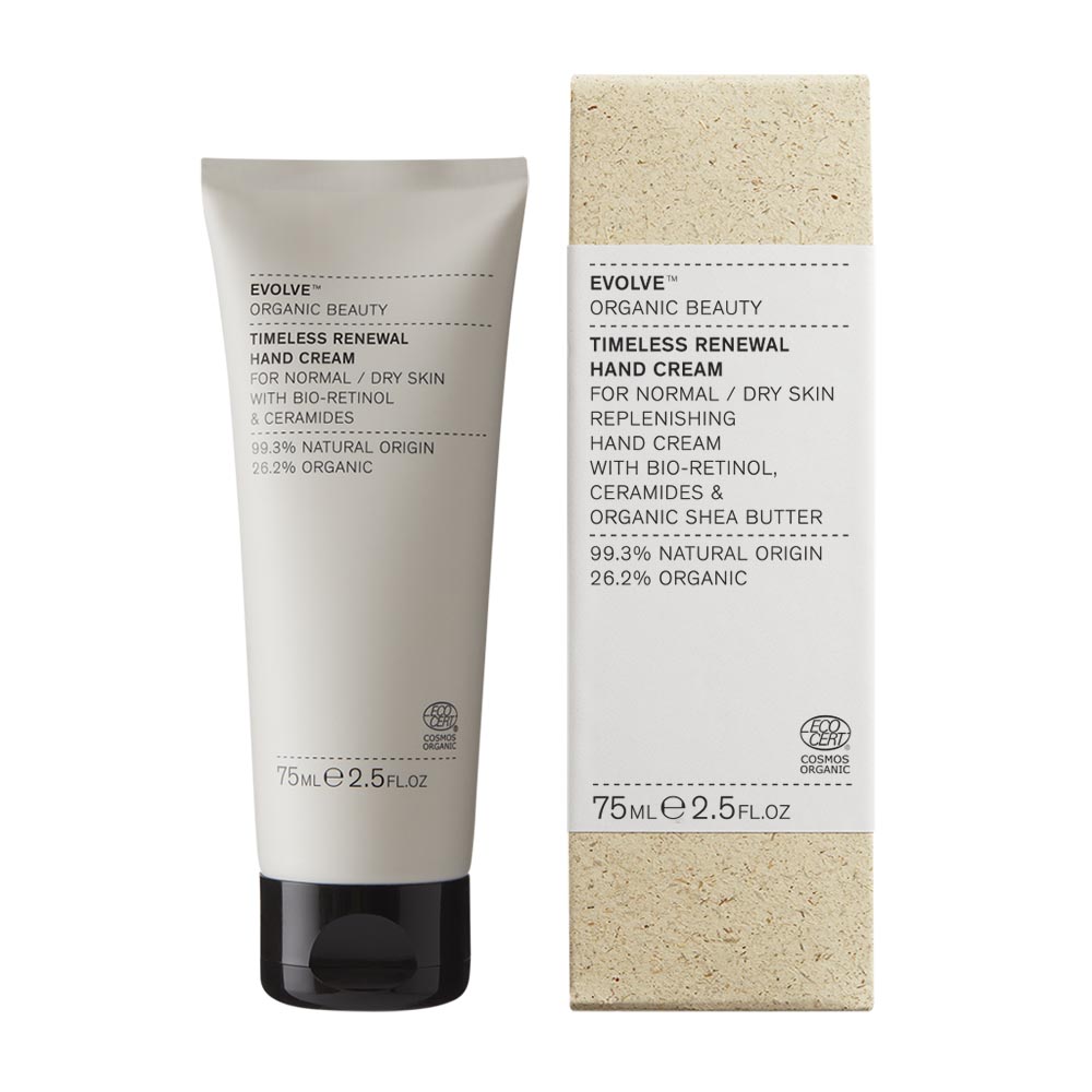 Timeless Renewal Hand Cream 75ml von Evolve Organic Beauty, Verpackung und Tube auf weißem Hintergrund.