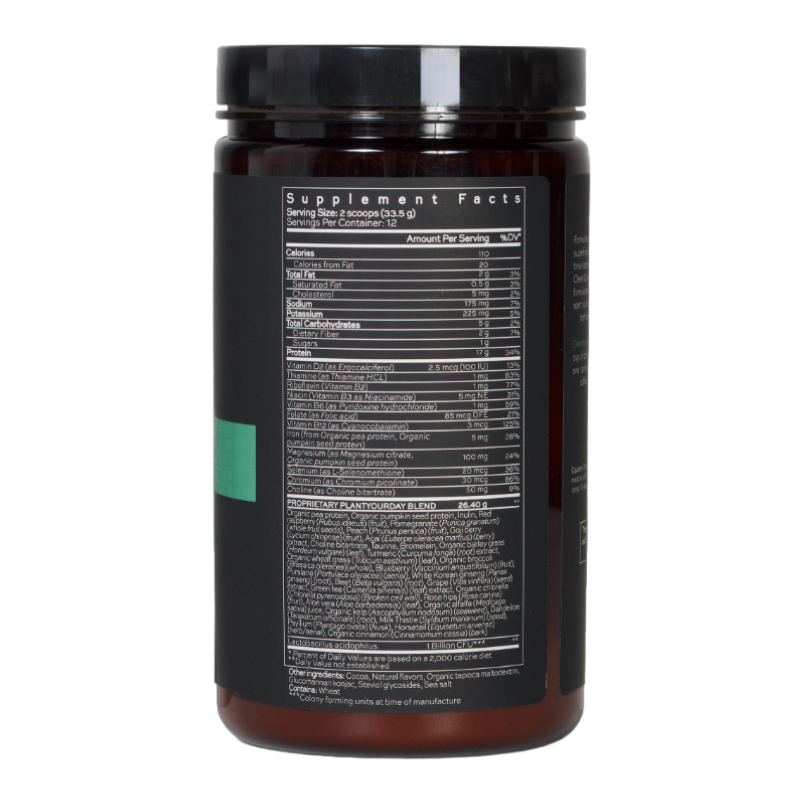 Braunes Nahrungsergänzungsmittel-Behälter mit Nährwertangaben auf der Rückseite.