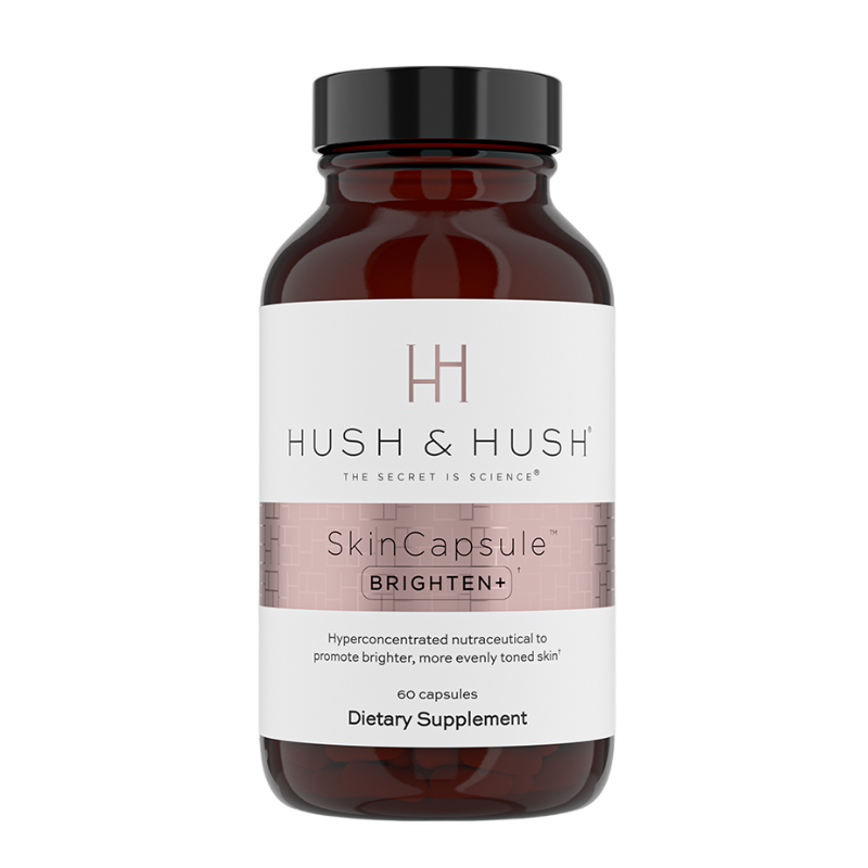 Braunes Fläschchen mit Hush & Hush SkinCapsule Brighten+ Nahrungsergänzungsmittel, 60 Kapseln.