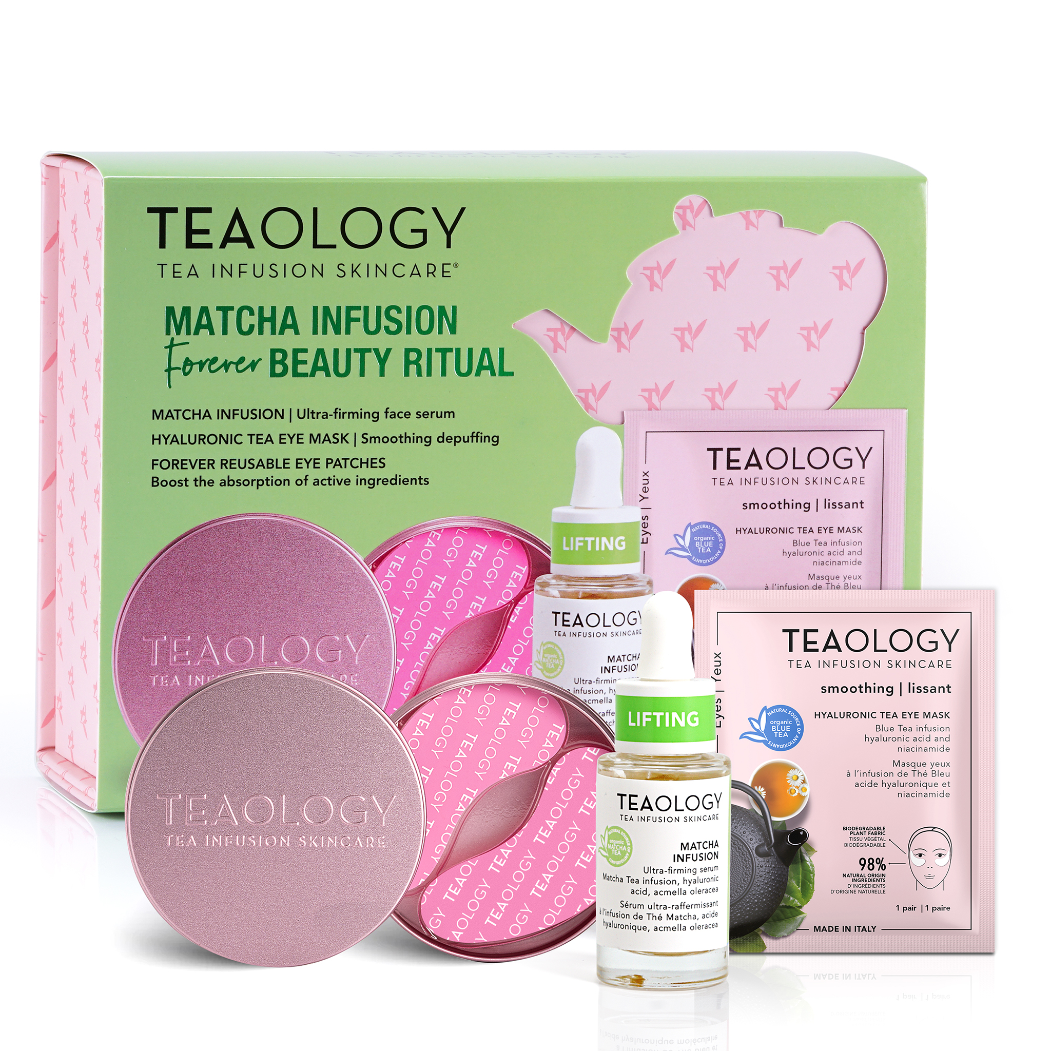 Tealogy Matcha Infusion Forever Beauty Ritual Set mit Augenmasken, Gesichtsserum und Gesichtsmaske vor grünem Hintergrund.