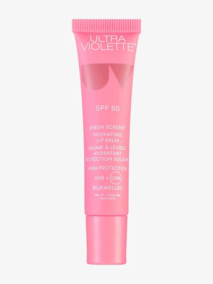 Rosa Lippenbalsam-Tube von Ultra Violette mit SPF 50 und der Aufschrift 'Sheen Screen Hydrating Lip Balm'.