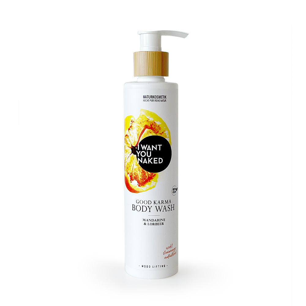 Flasche 'Good Karma Body Wash' von 'I Want You Naked' mit Mandarine und Lorbeer, 200ml.