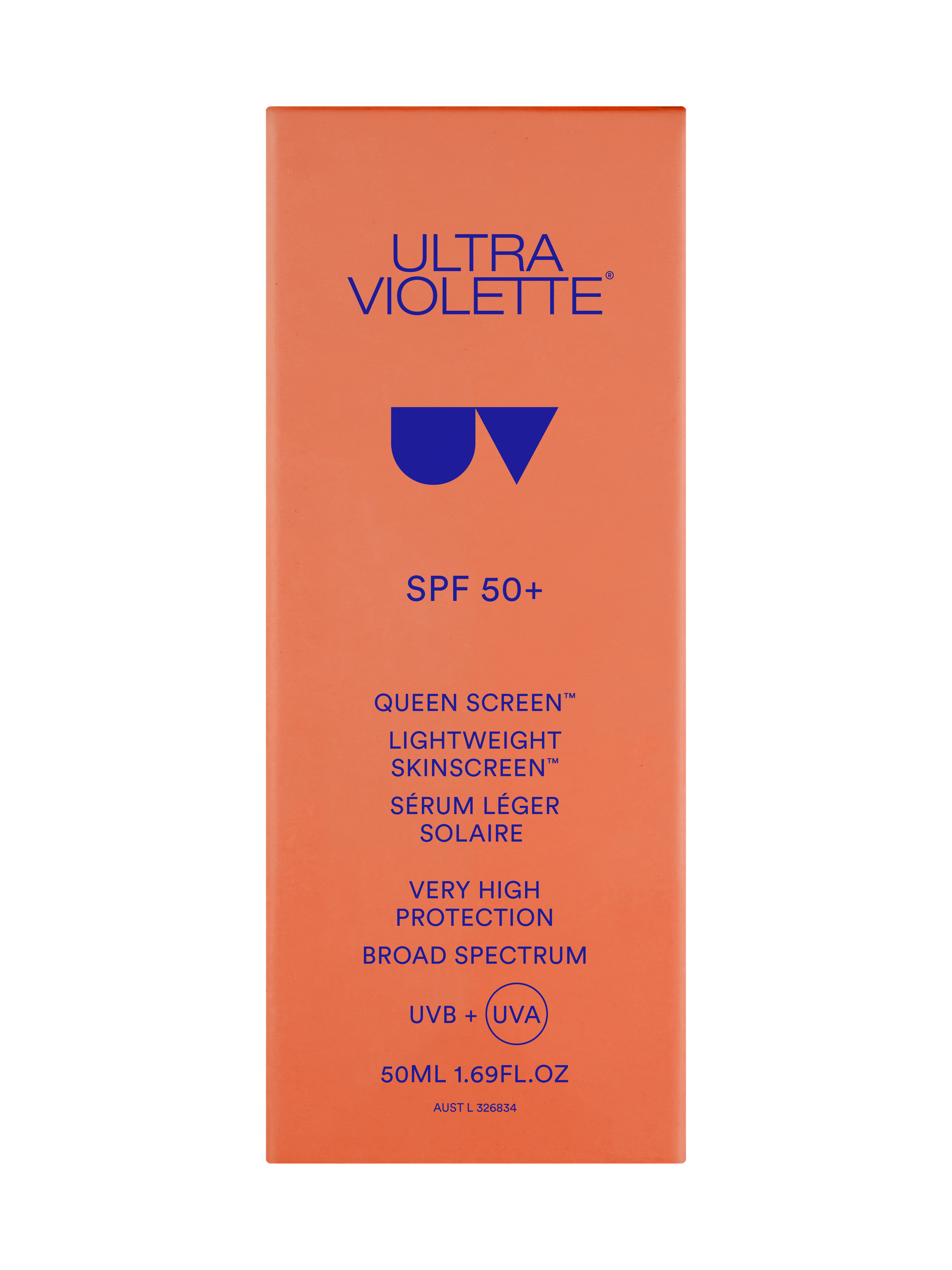Orange Verpackung von Ultra Violette Queen Screen SPF 50+ mit UVB- und UVA-Schutz, 50ml.