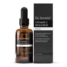 Dr. Severin Vitamin C Hyaluron Serum in brauner Flasche mit Pipette und schwarzer Verpackung.