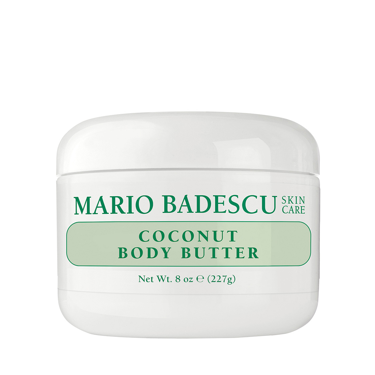 Weiße Dose mit grünem Etikett, Aufschrift: "Mario Badescu Coconut Body Butter".