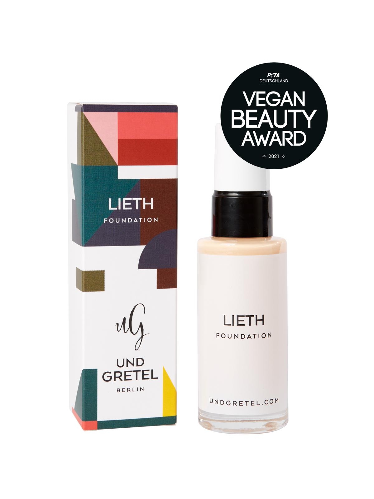 Und Gretel Lieth Foundation Flasche und Verpackung, Vegan Beauty Award 2021 Abzeichen.