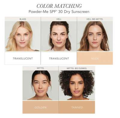 Fünf Frauen mit verschiedenen Hauttönen zeigen die Farbauswahl für Jane Iredale Powder-Me SPF 30 Trockensonnenschutz.