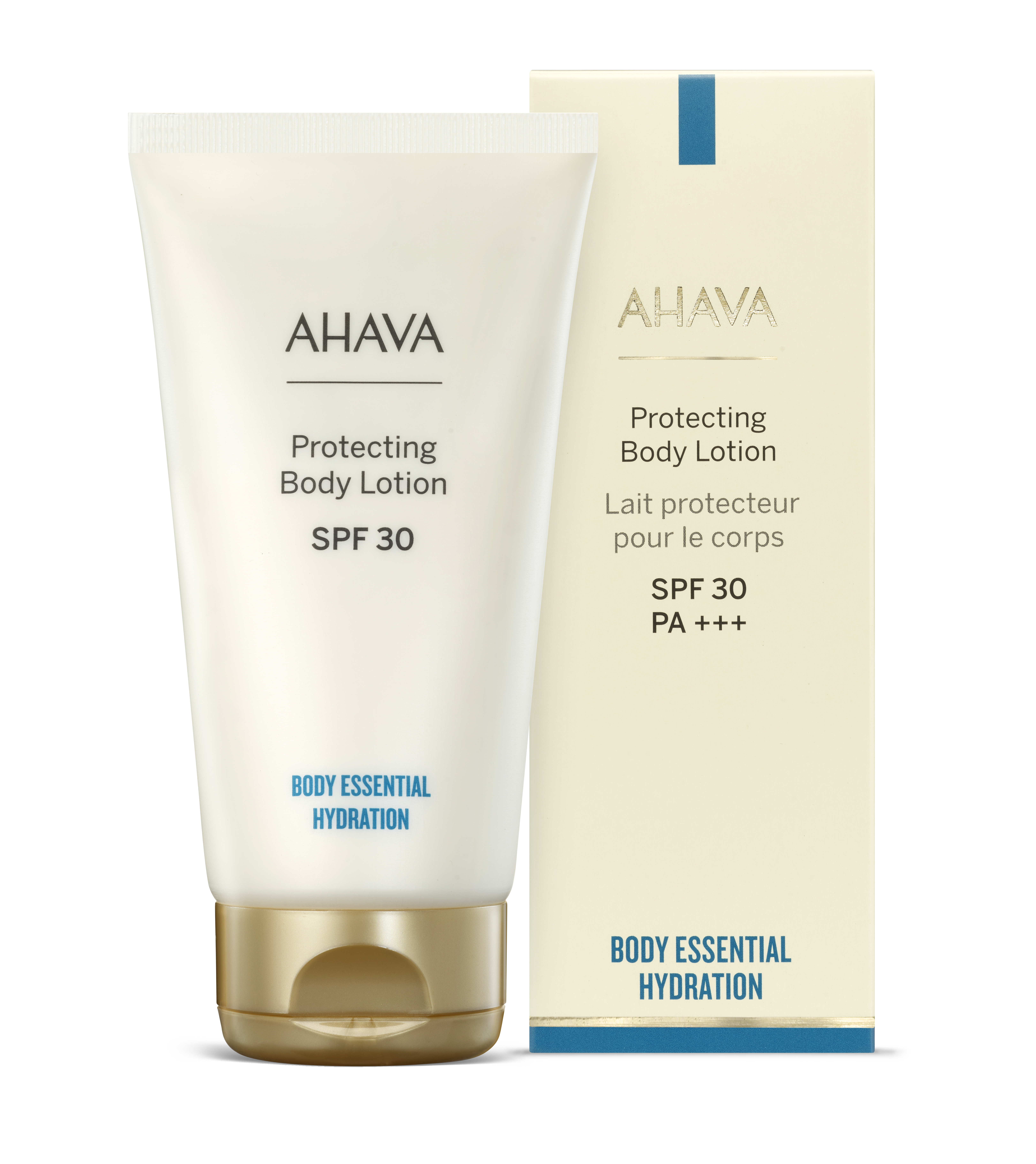AHAVA Protecting Body Lotion SPF 30, Tube und Verpackung, Body Essential Hydration.
