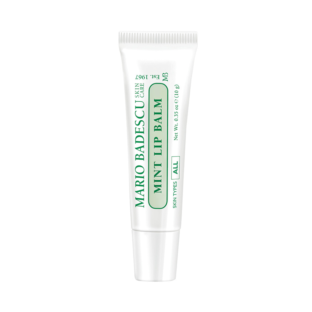 Weiße Tube mit grünem Text "Mario Badescu Mint Lip Balm".