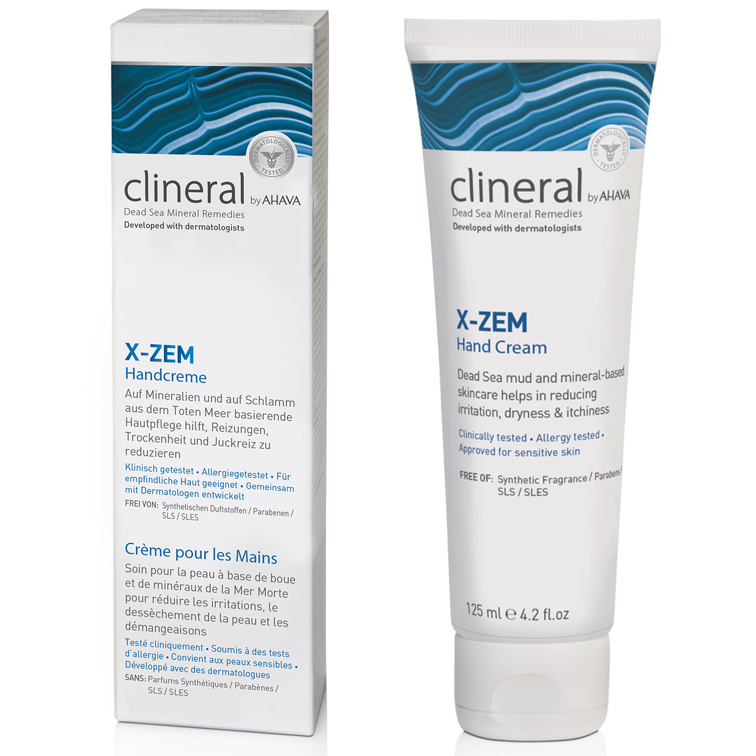 Clineral X-ZEM Handcreme, 125 ml Tube und Verpackung, entwickelt von Dermatologen, basierend auf Mineralien und Schlamm aus dem Toten Meer.