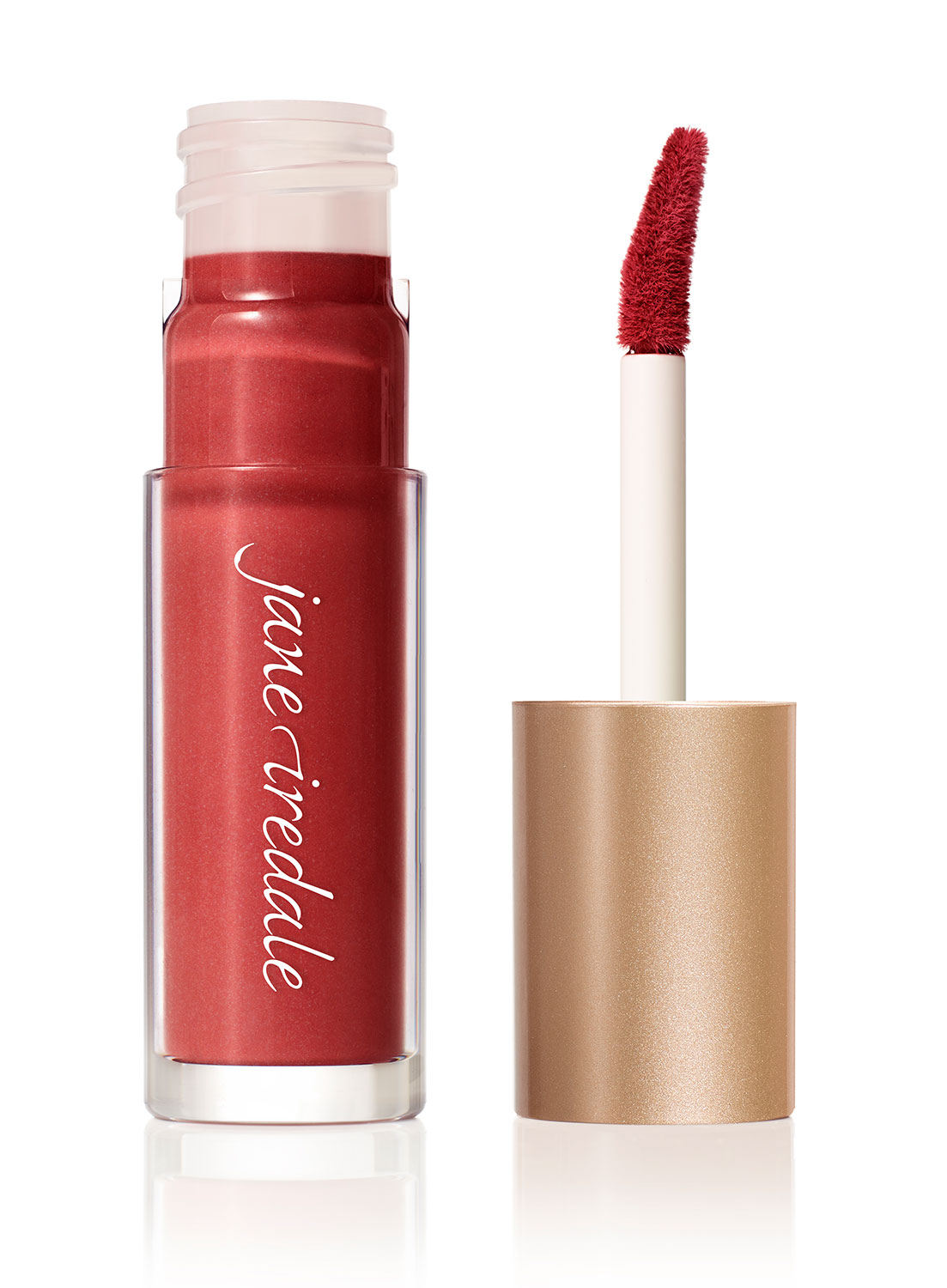 Roter Lippenstift mit Applikator, Marke Jane Iredale, auf weißem Hintergrund.