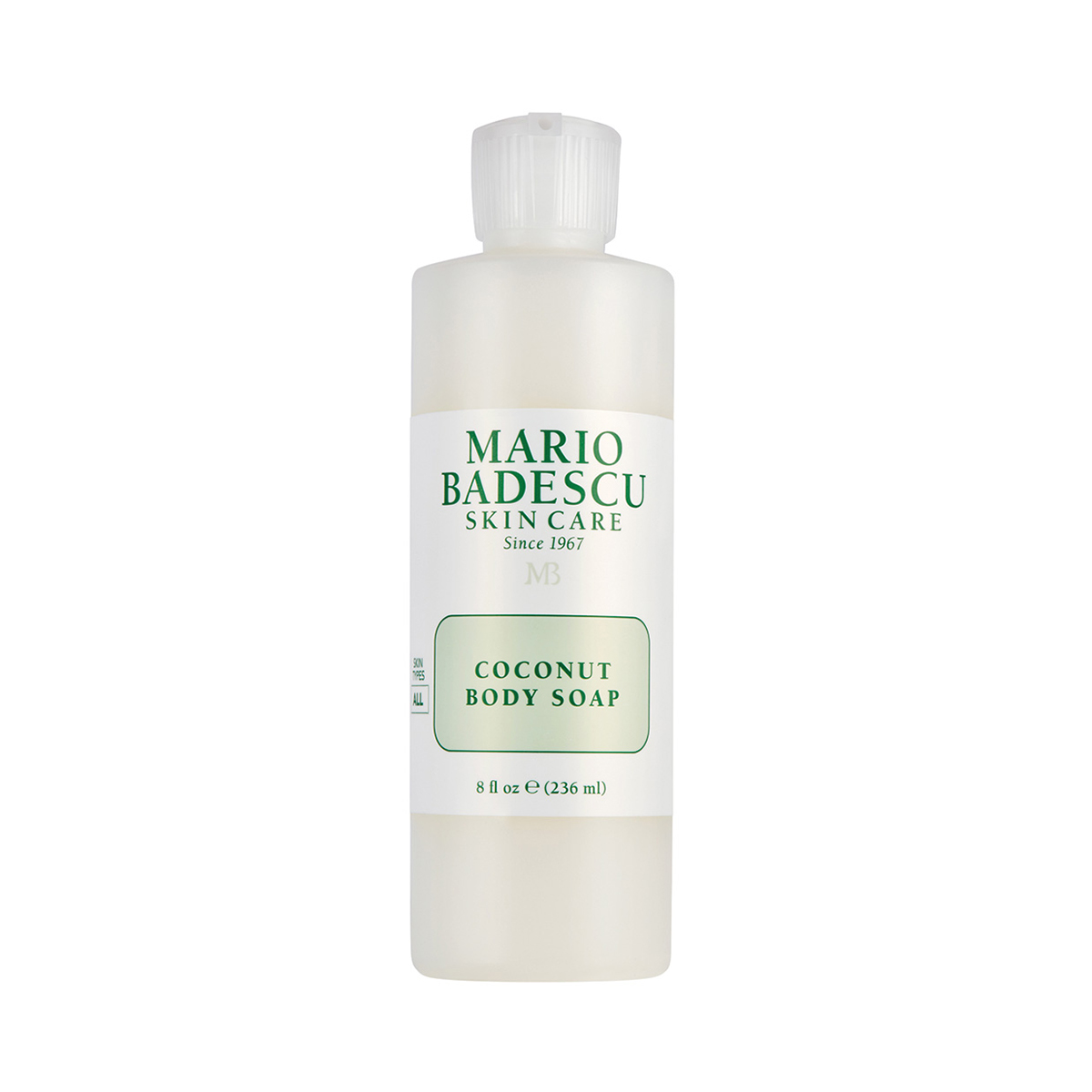 Flasche Mario Badescu Coconut Body Soap, 236 ml, auf weißem Hintergrund.
