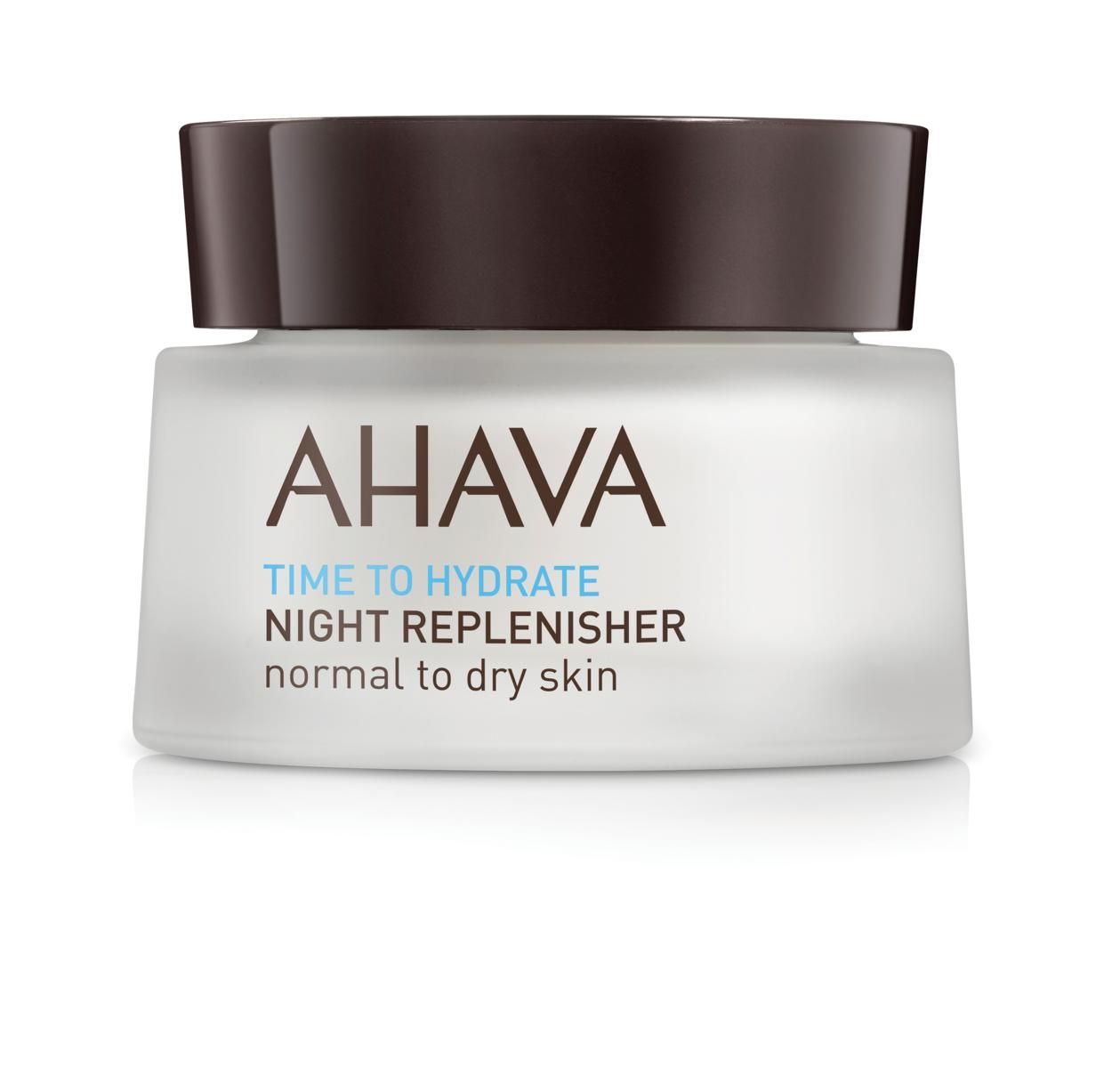 AHAVA Time to Hydrate Night Replenisher für normale bis trockene Haut in einem weißen Tiegel mit braunem Deckel.