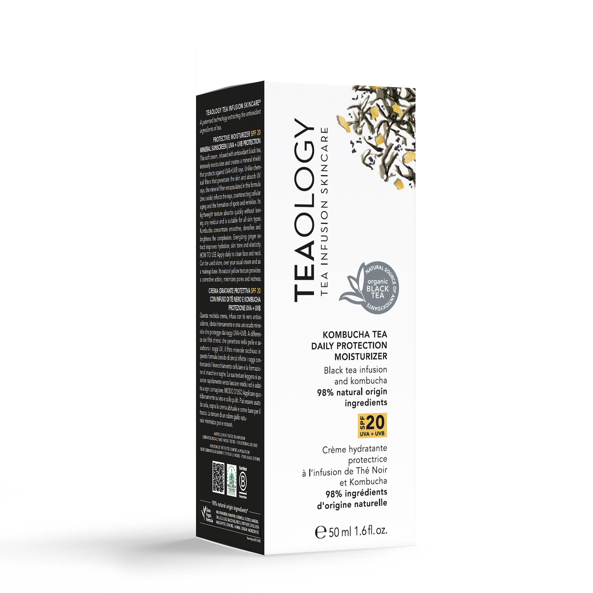 TEAOLOGY Kombucha Tea Daily Protection Moisturizer SPF 20, 50 ml, Verpackung mit schwarzem Tee-Infusionsdesign.