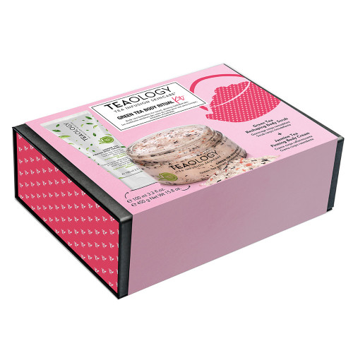 Tealogy Geschenkset mit Körperpeeling und Körpercreme in rosa Verpackung.